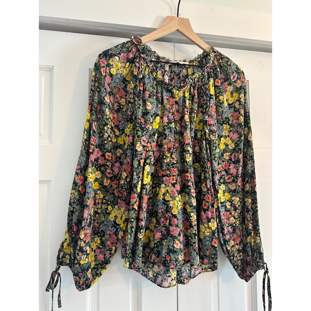 LoveShackFancy Silk Cotton Floral Ruffle Blouse Long Sleeve Multicolor Small - Picture 2 of 7